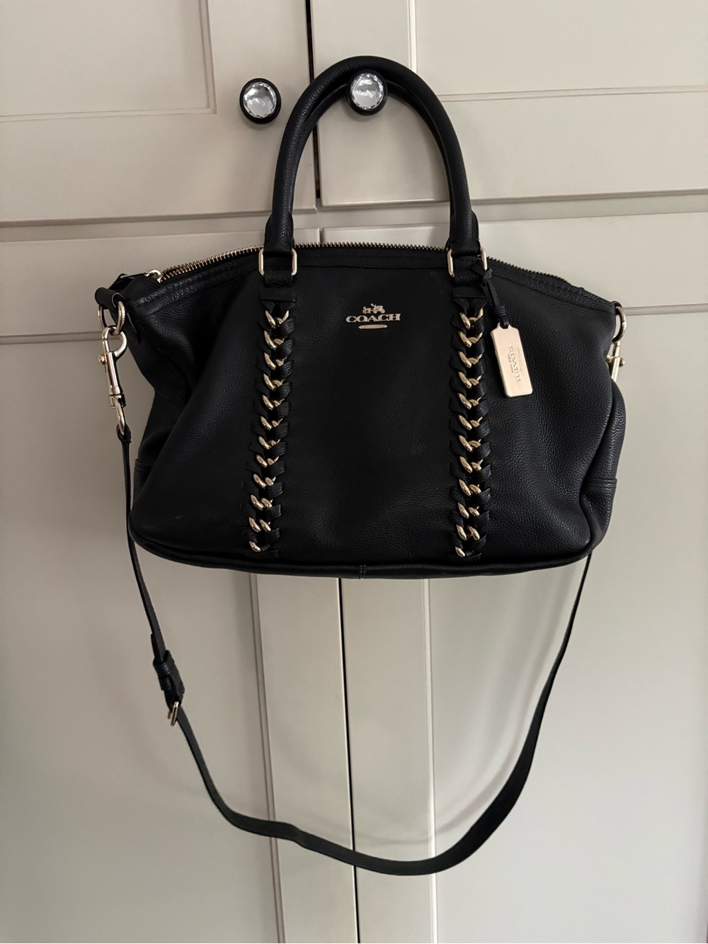 Coach Black Leather Satchel with Braided Gold-Trim Detailing